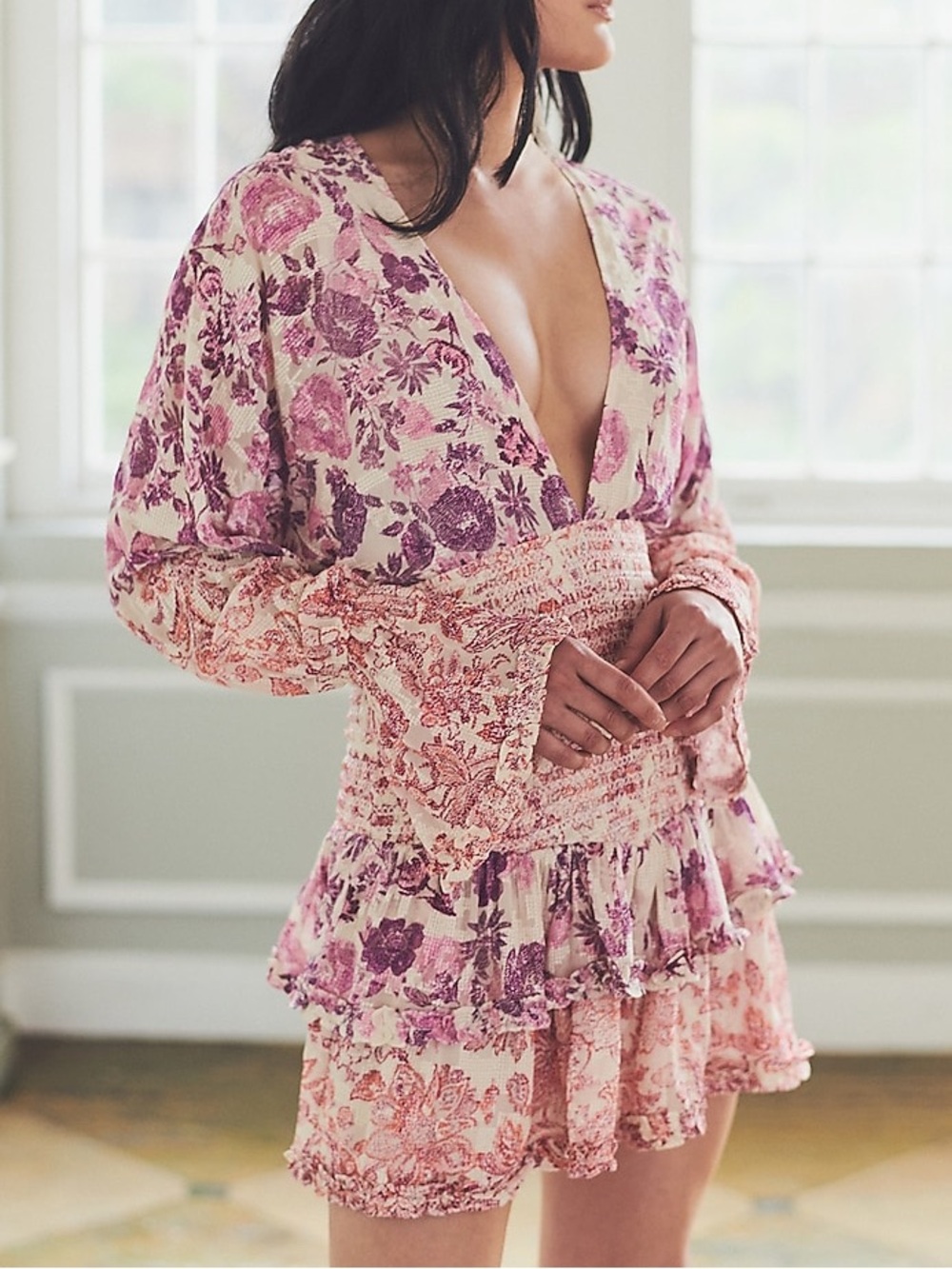Hemant & Nandita Pastel Pink Ruffle Plunging Tie Back Romantic Boho Mini Dress